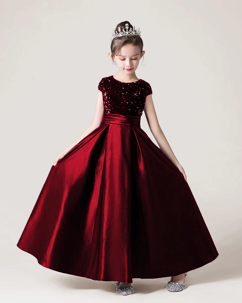 Burgundy Sequin Satin A-line Girls Formal Dress Front View