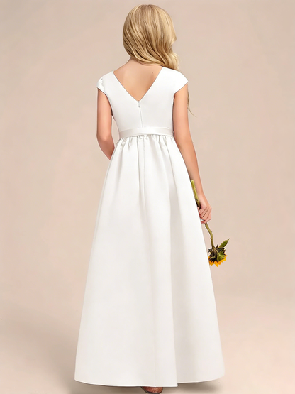 dideyttawl Satin Junior Bridesmaid Dresses Cap Sleeve Pageant Gown 2771