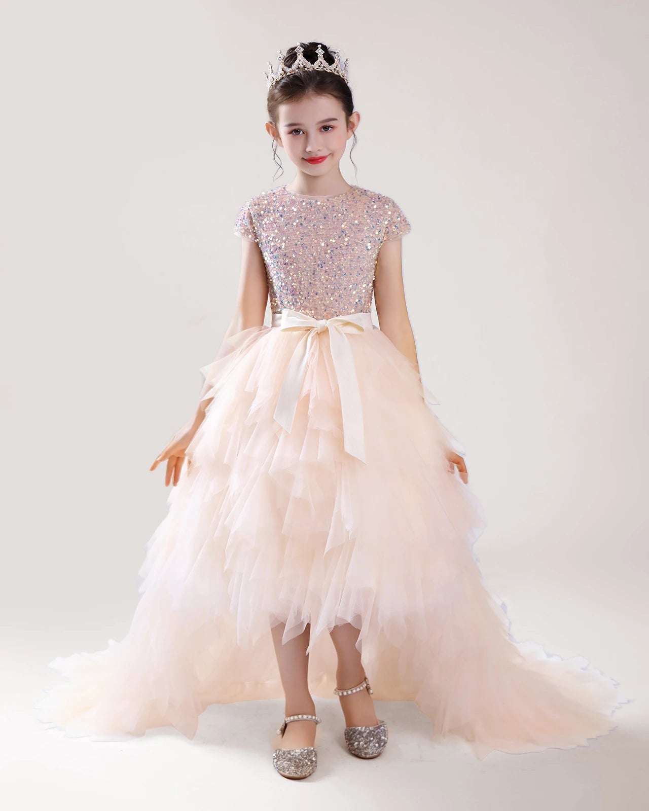 Dideyttawl Sequin Pageant Dress Hi-Lo Birthday Party Dress with Detachable Train