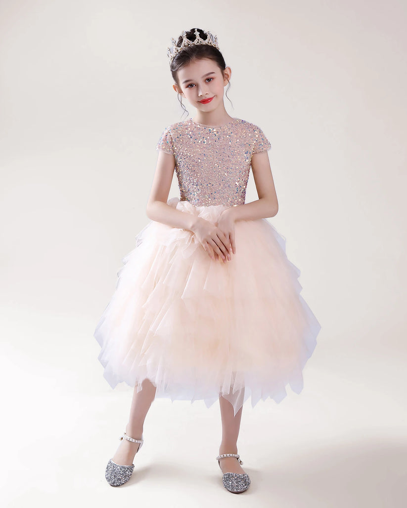 Blush Pink Sequined Tulle Ball Gown Girls Formal Dress Front View