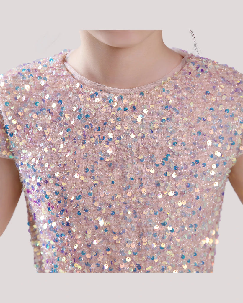 Blush Pink Sequin A-line Girls Formal Dress Front View