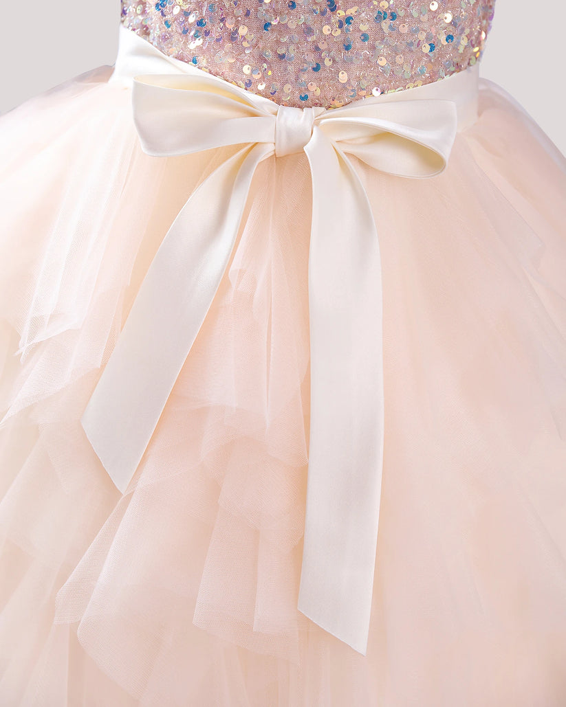 Blush Pink Tulle Ball Gown Girls Formal Dress Back View
