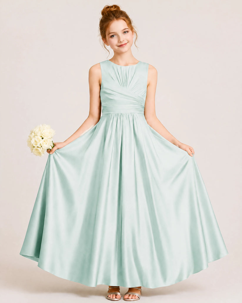 Mist Satin A-line Junior Bridesmaid Dress Front View
