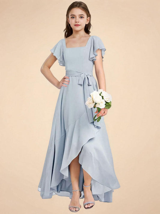dideyttawl Long Junior Bridesmaid Dresses Ruffle Sleeve Square Neck Chiffon Flower Girl Dress for Wedding 2507