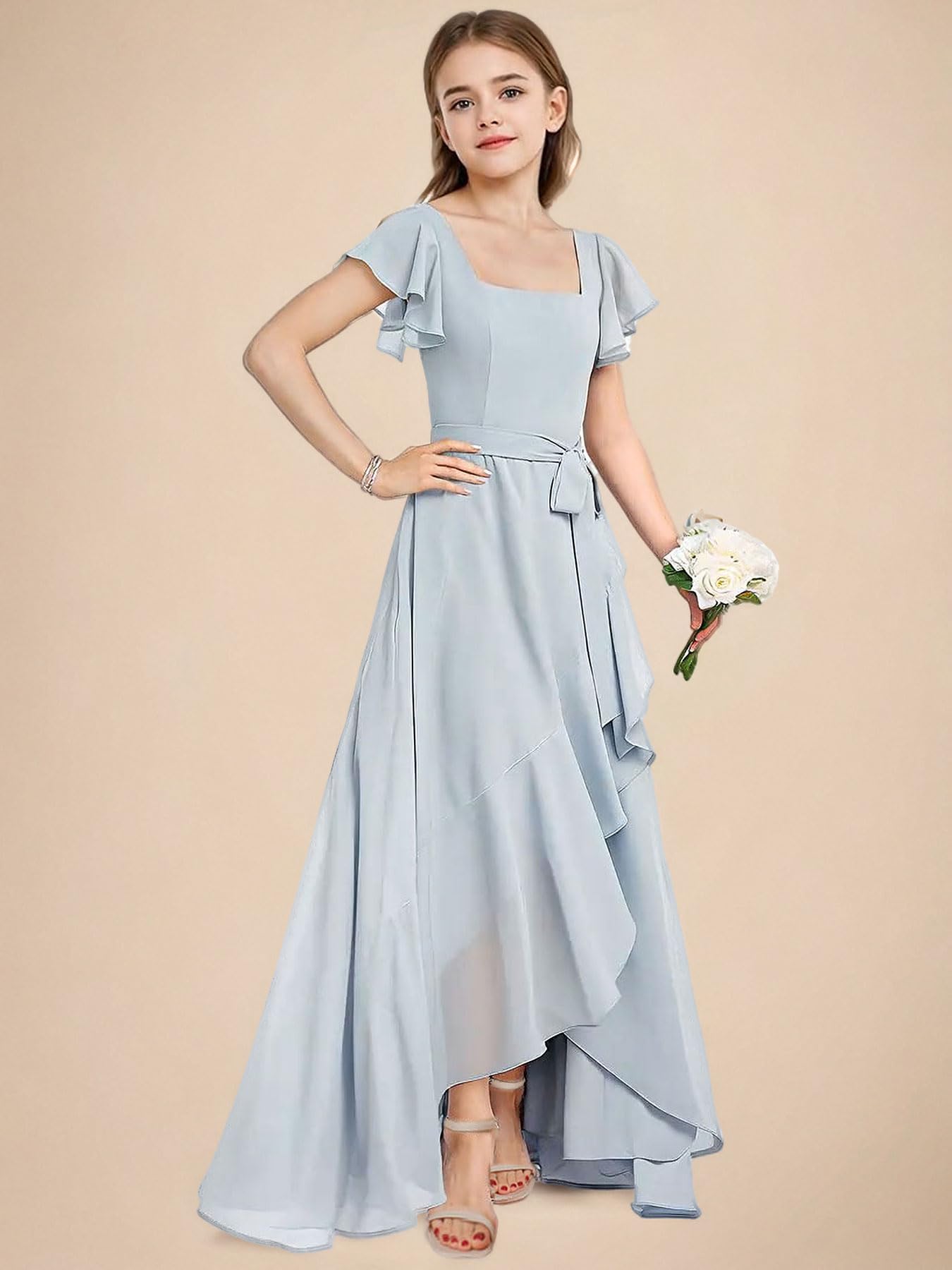 dideyttawl Long Junior Bridesmaid Dresses Ruffle Sleeve Square Neck Chiffon Flower Girl Dress for Wedding 2507