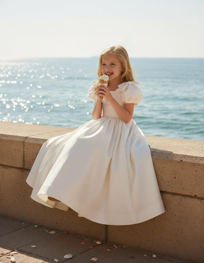 dideyttawl 2026 Satin Flower Girl Dress A Line Big Bow Long Prom Princess Ball Gown Puff Sleeves Junior Bridesmaid Dress 2773