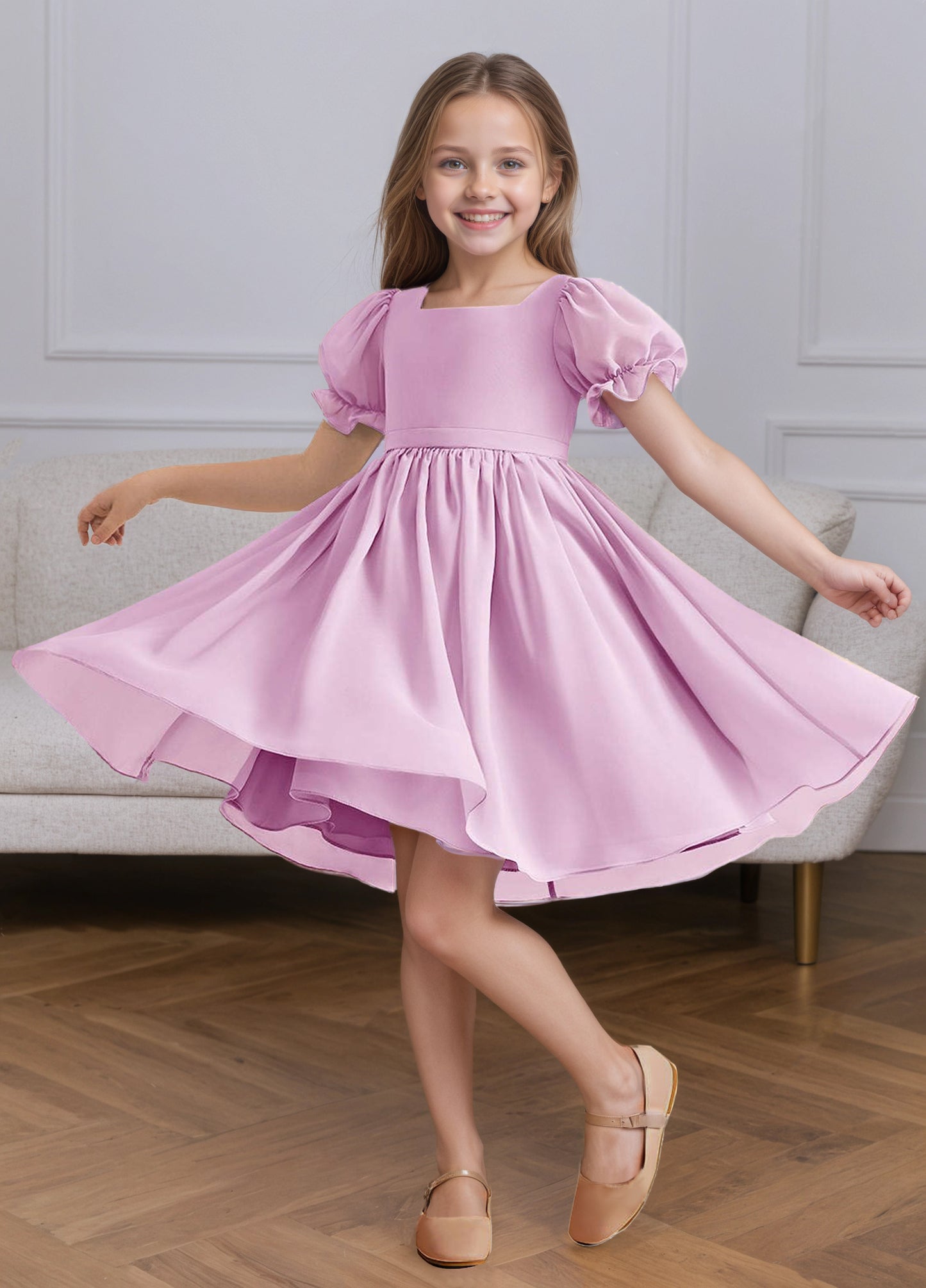Chiffon Short Sleeves Flower Girl Dresses Knee Length Junior Bridesmaid Dresses for 4-16 650C