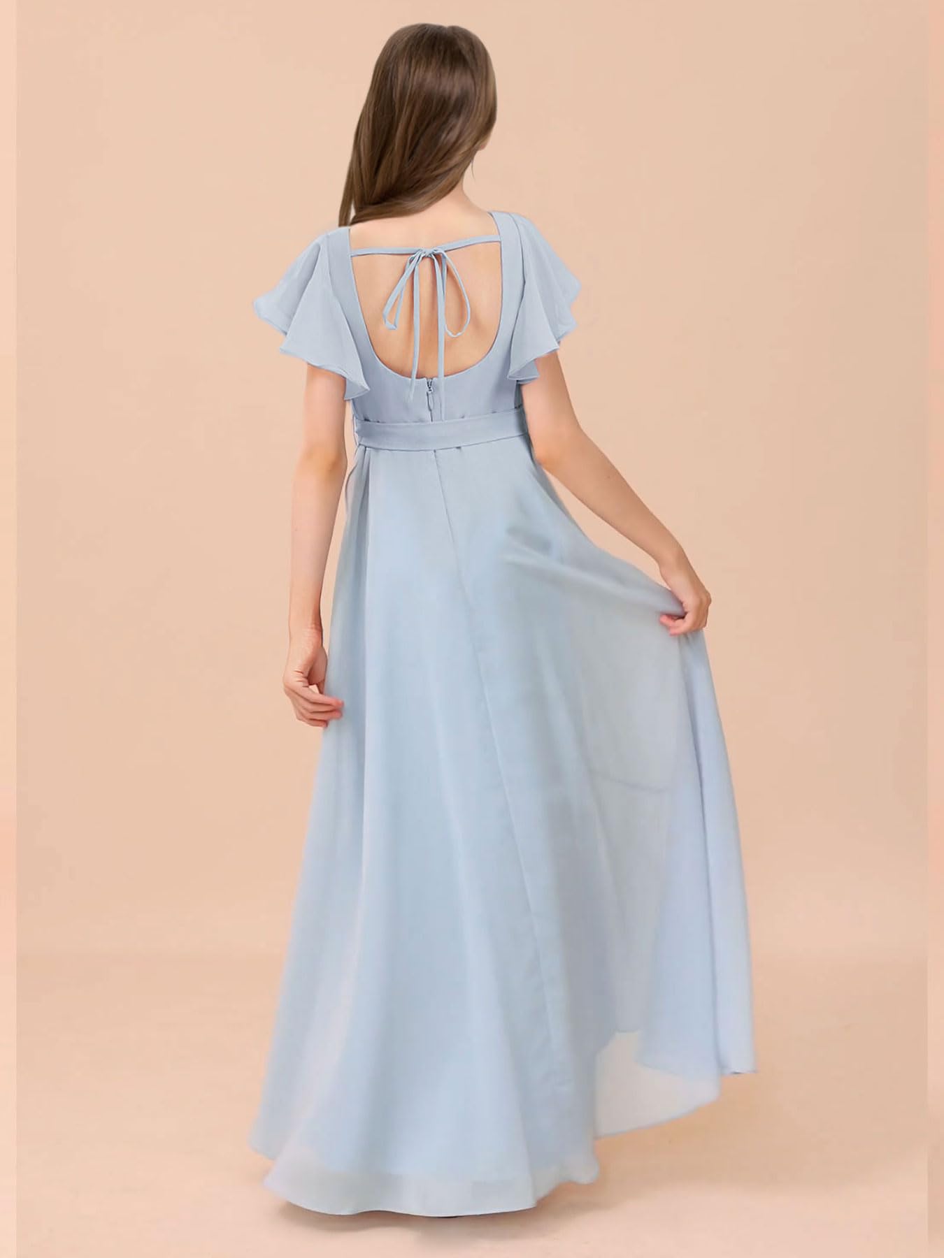 dideyttawl Long Junior Bridesmaid Dresses Ruffle Sleeve Square Neck Chiffon Flower Girl Dress for Wedding 2507