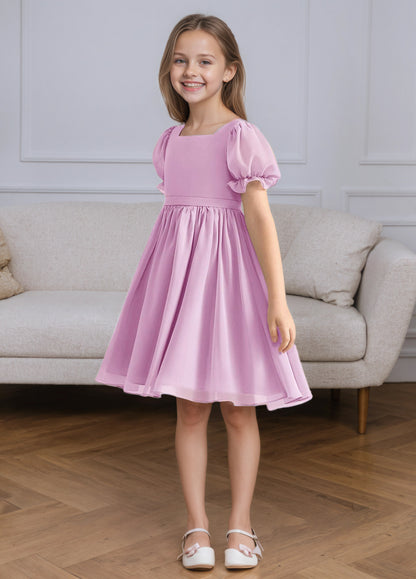 Chiffon Short Sleeves Flower Girl Dresses Knee Length Junior Bridesmaid Dresses for 4-16 650C