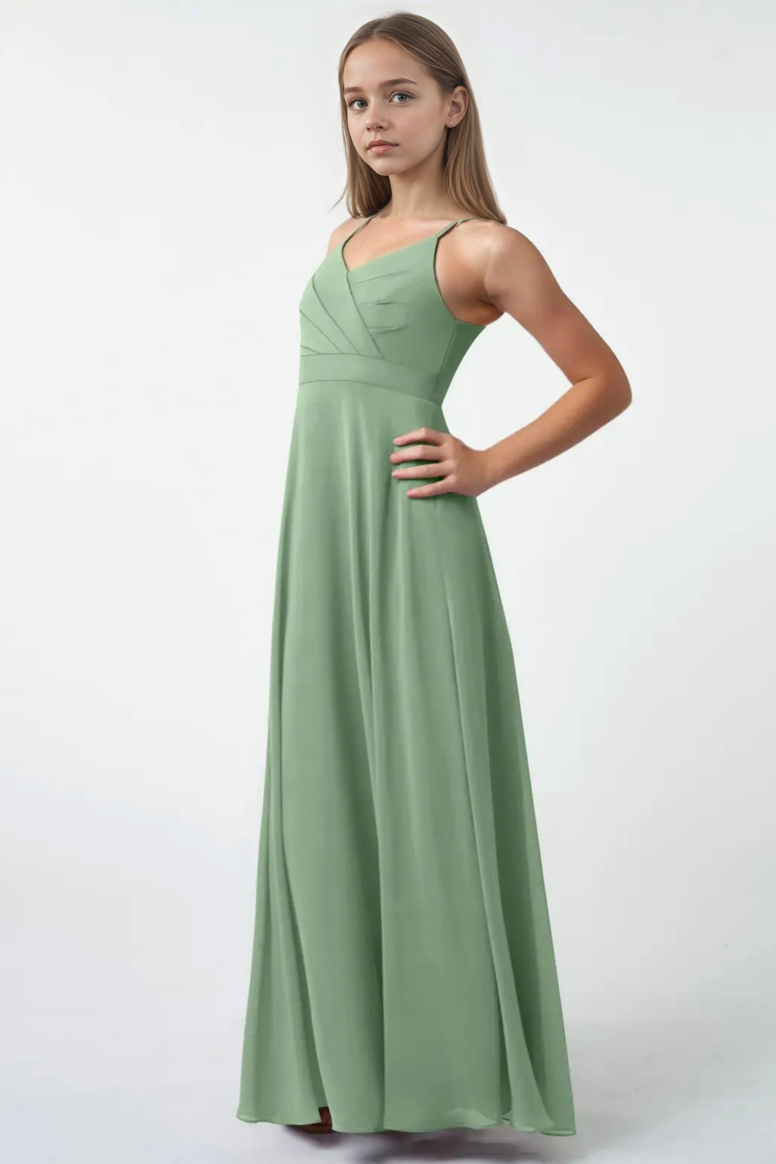 Dideyttawl Sage Green Junior Bridesmaid Dress Spaghetti Strap Chiffon A-Line Gown
