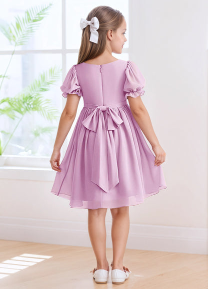 Chiffon Short Sleeves Flower Girl Dresses Knee Length Junior Bridesmaid Dresses for 4-16 650C