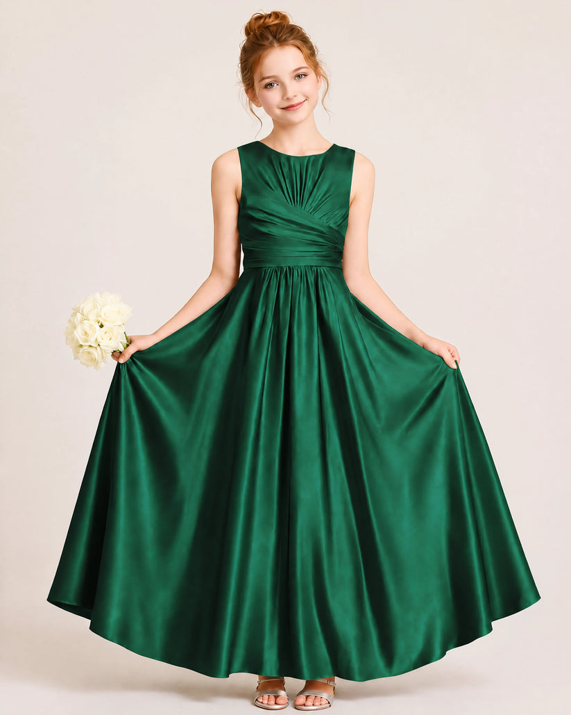 Dark Green Satin A-line Junior Bridesmaid Dress Front View