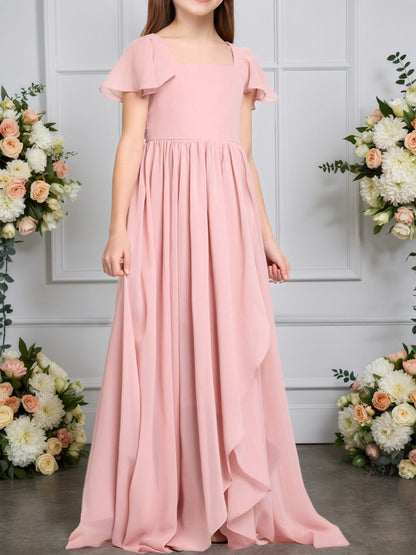 dideyttawl Junior Bridesmaid Dresses Ruffle Sleeve Square Neck Chiffon A-Line Flower Girl Dress with Slit 2508