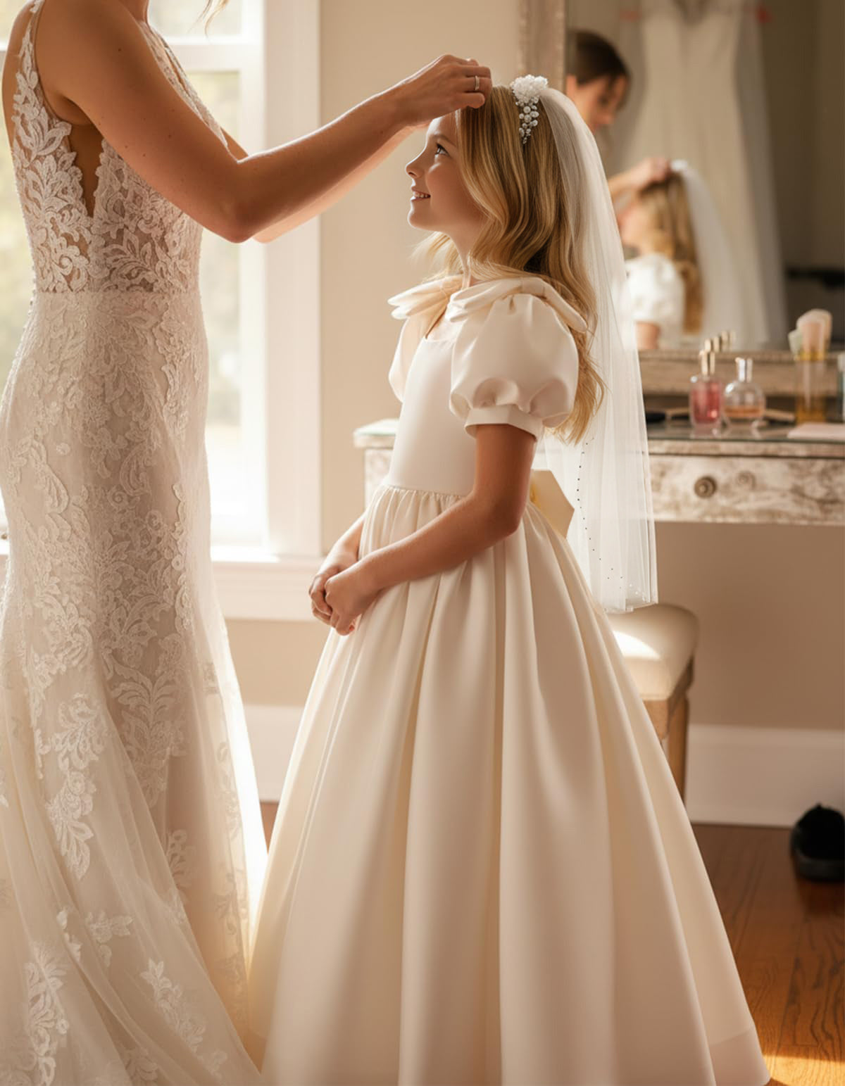 dideyttawl 2026 Satin Flower Girl Dress A Line Big Bow Long Prom Princess Ball Gown Puff Sleeves Junior Bridesmaid Dress 2773