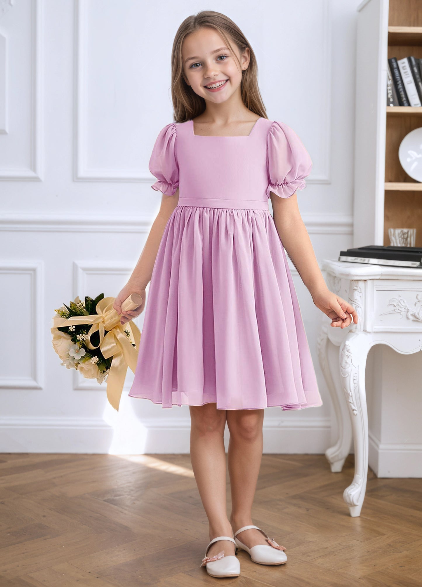 Chiffon Short Sleeves Flower Girl Dresses Knee Length Junior Bridesmaid Dresses for 4-16 650C