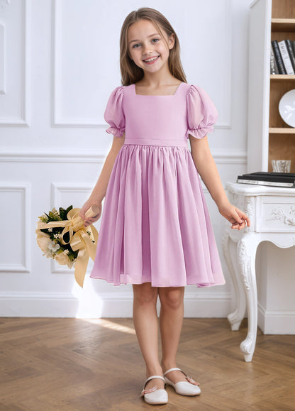 Chiffon Short Sleeves Flower Girl Dresses Knee Length Junior Bridesmaid Dresses for 4-16 650C