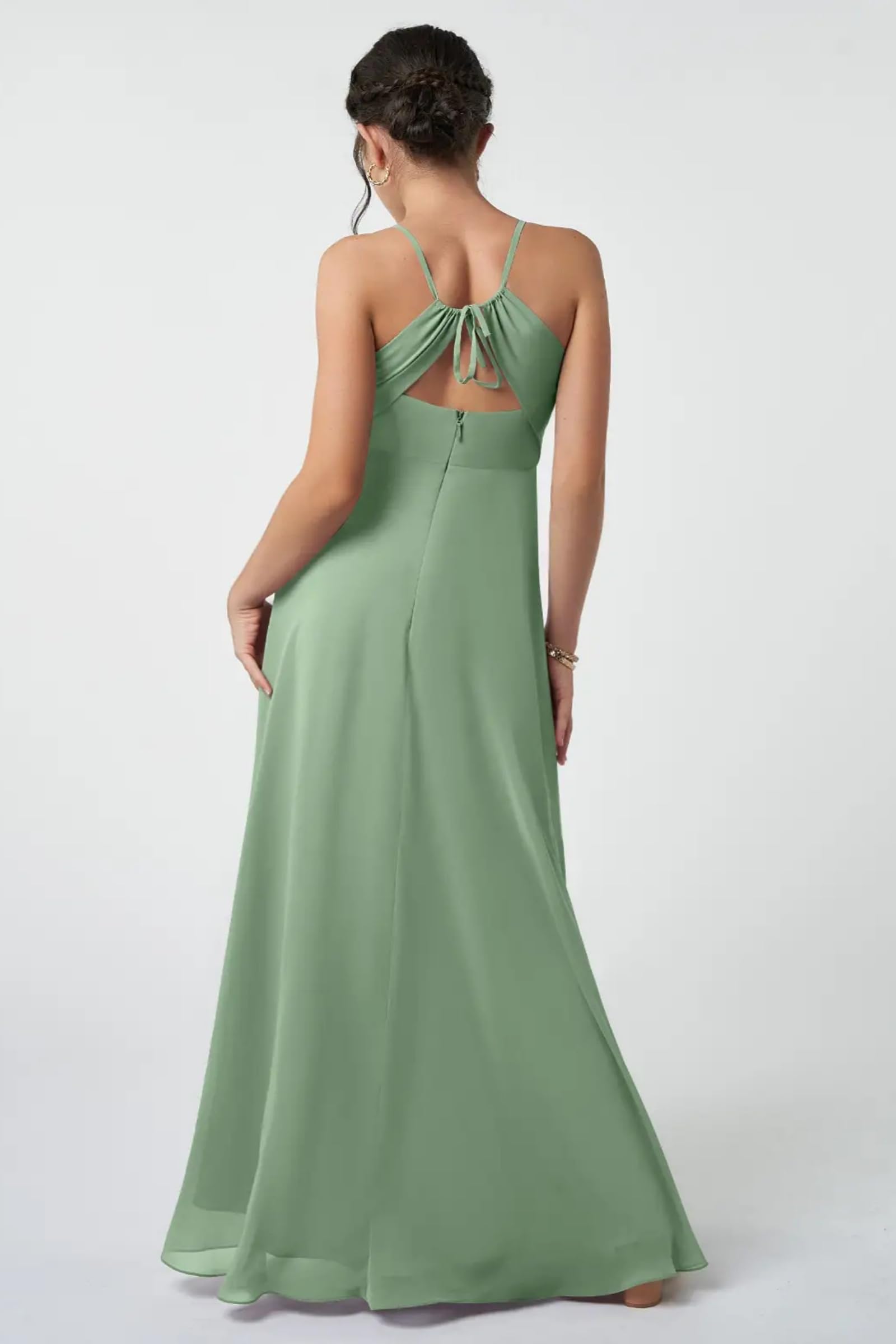 Dideyttawl Sage Green Junior Bridesmaid Dress Spaghetti Strap Chiffon A-Line Gown