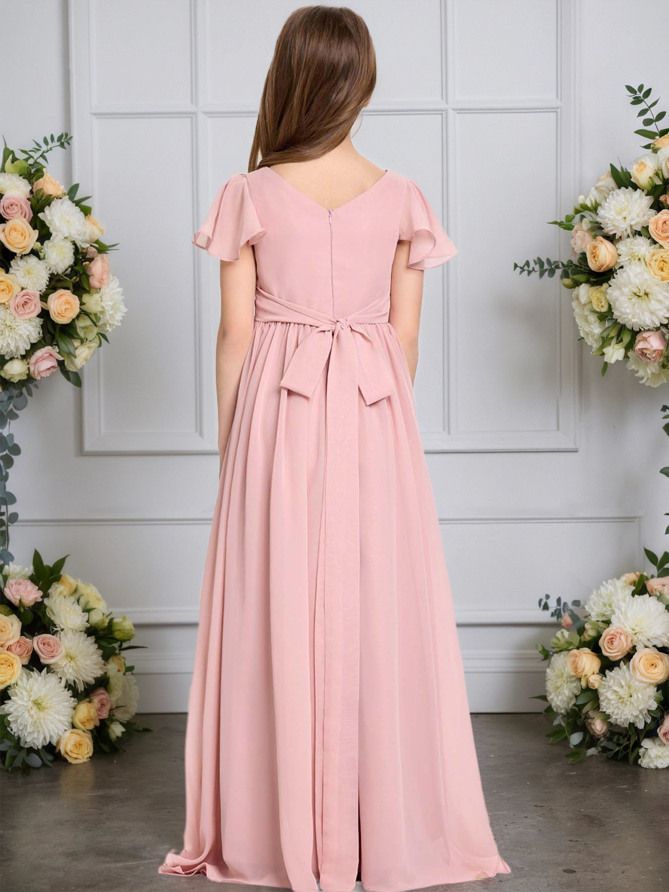 dideyttawl Junior Bridesmaid Dresses Ruffle Sleeve Square Neck Chiffon A-Line Flower Girl Dress with Slit 2508