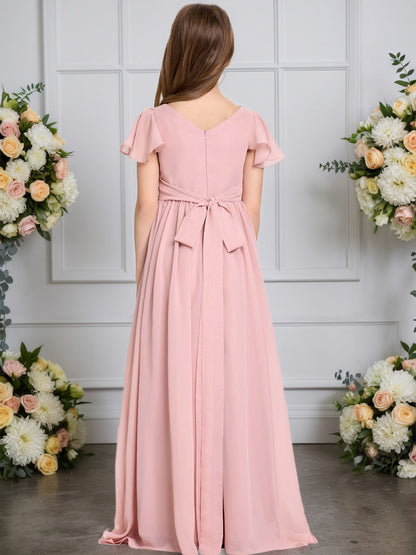 dideyttawl Junior Bridesmaid Dresses Ruffle Sleeve Square Neck Chiffon A-Line Flower Girl Dress with Slit 2508