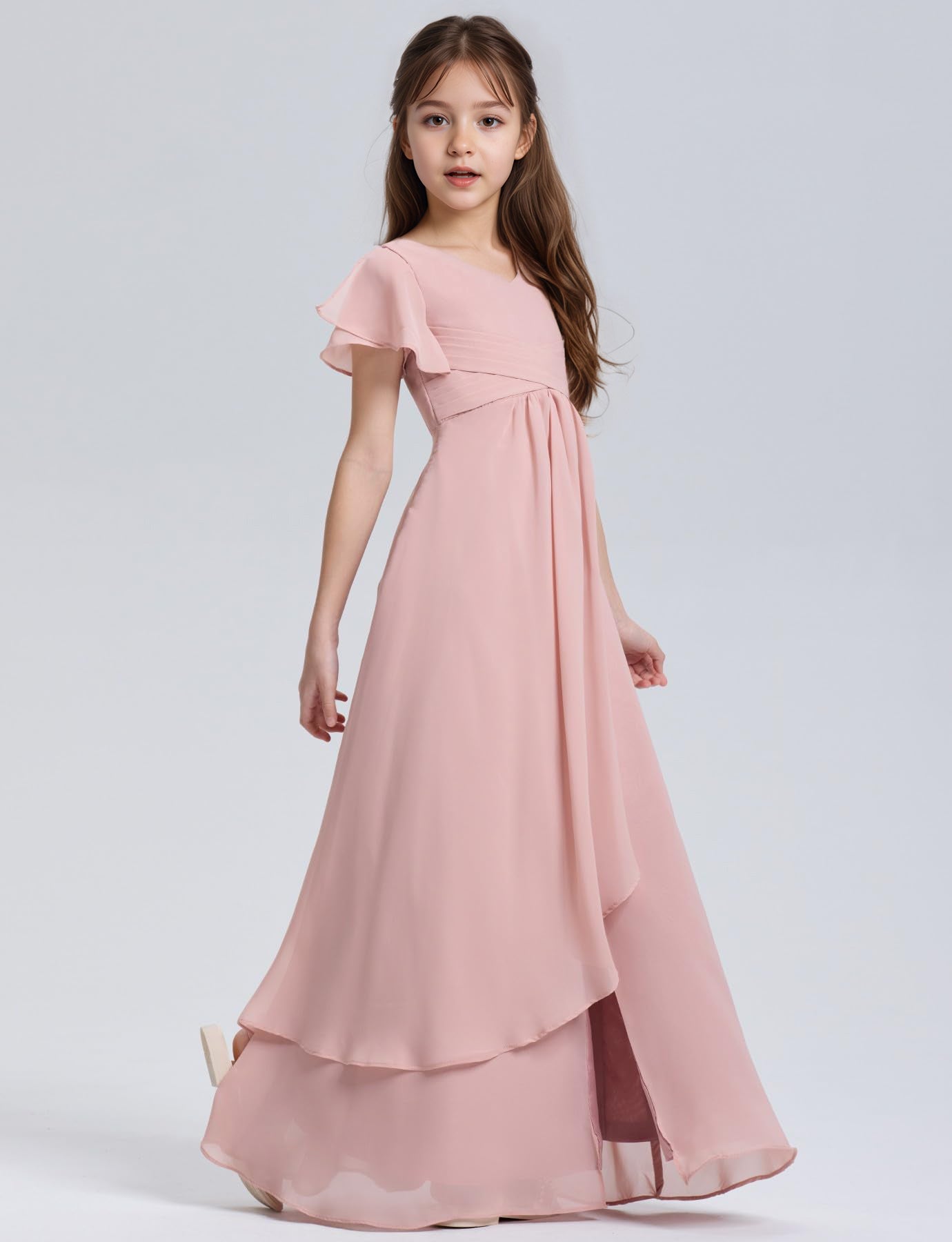 Dideyttawl Chiffon Junior Bridesmaid Dresses Ruffle Sleeves Party Gown 2506