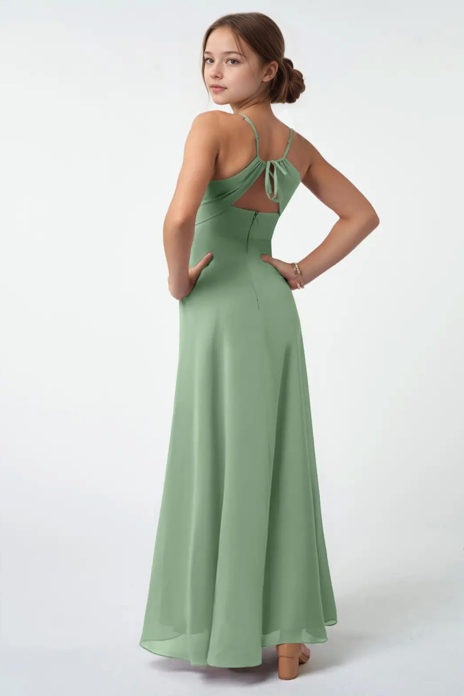 Dideyttawl Sage Green Junior Bridesmaid Dress Spaghetti Strap Chiffon A-Line Gown