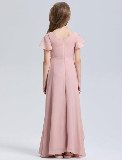 dideyttawl Chiffon Junior Bridesmaid Dresses V Neck Ruffle Sleeves Chiffon Pleated Flowy Flower Girls Dress or 4-16 2506