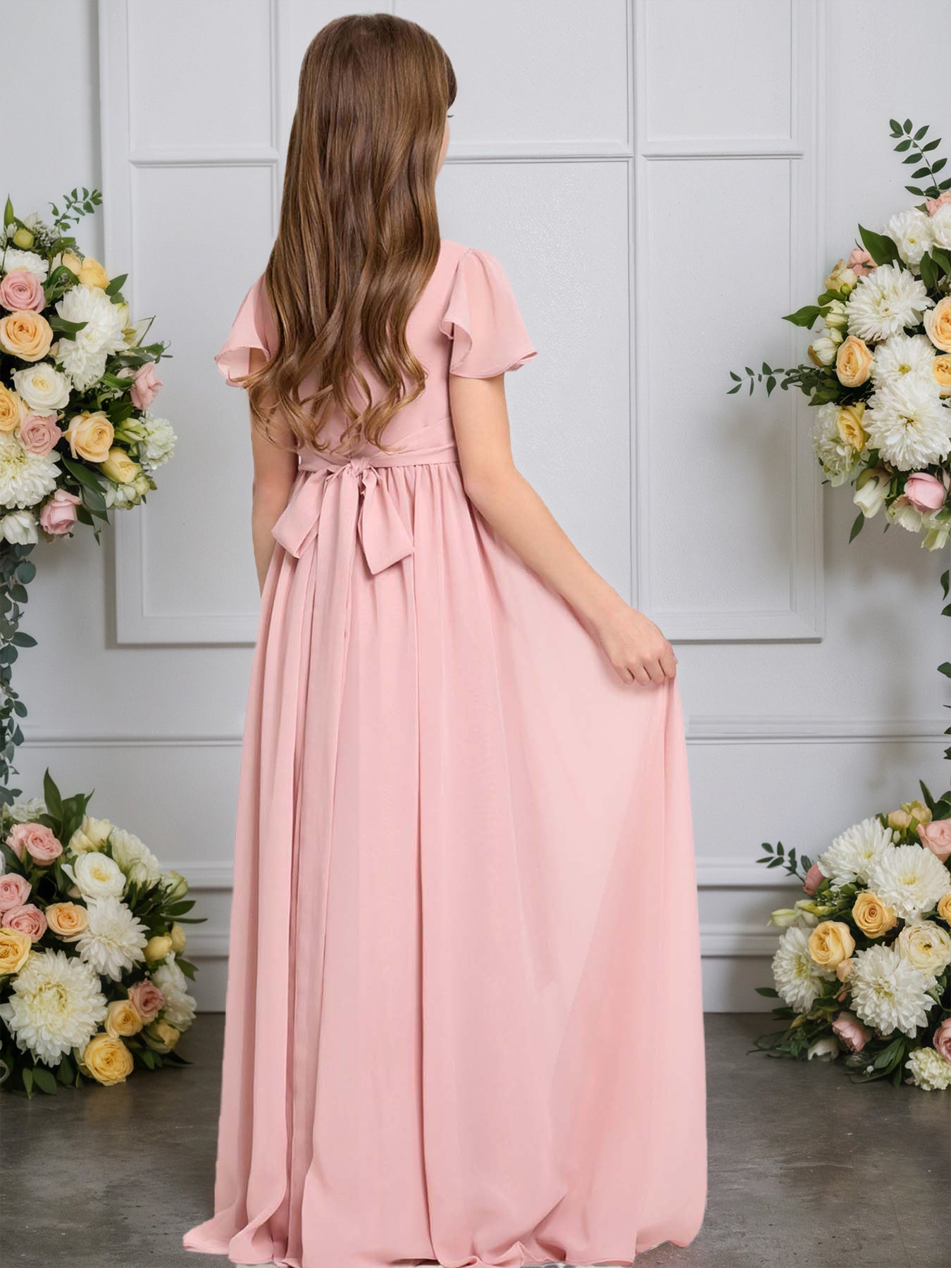 dideyttawl Junior Bridesmaid Dresses Ruffle Sleeve Square Neck Chiffon A-Line Flower Girl Dress with Slit 2508