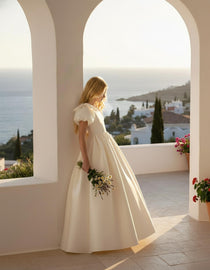 Dideyttawl White Flower Girl Dress Puff Sleeve Satin Ball Gown