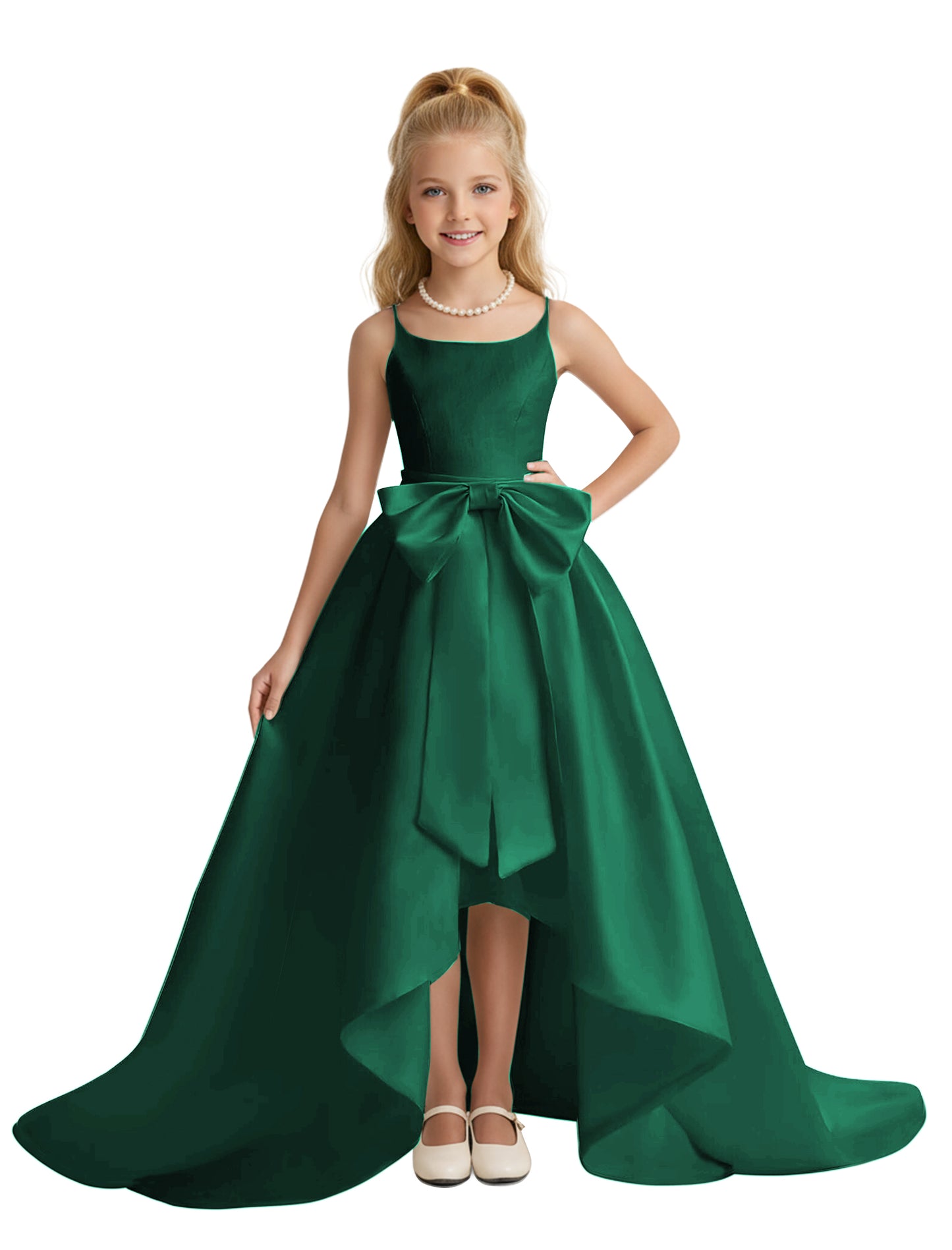 dideyttawl High-Low Big Bow Junior Bridesmaid Dresses for Girls 4-16 Satin A-Line Pageant Formal Party Dress 2535