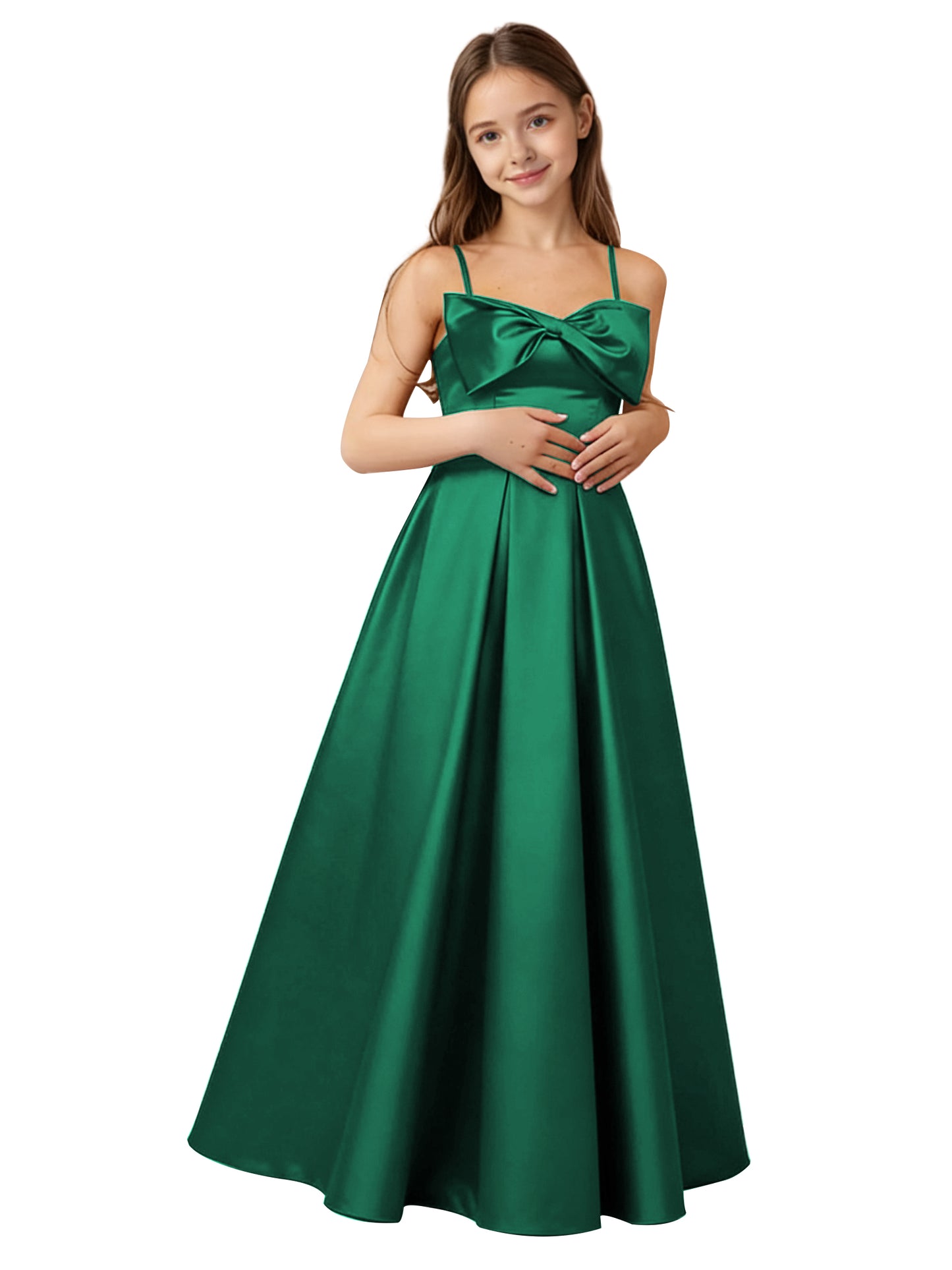 dideyttawl 2026 Girls Satin Prom Ball Gown with Big Bow Maxi Spaghetti Straps Junior Bridesmaid Flower Girl Dress 2548