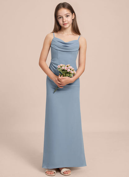 dideyttawl Long Sheathe Junior Bridesmaid Dresses for Girls Chiffon A-Line Ruched Cowl Neck Wedding Flower Girls Dress 2512
