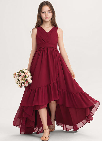 dideyttawl A-Line High Low Flower Girls Dress Long V-Neck Junior Bridesmaid Dresses for Teens Pleated Chiffon 2511