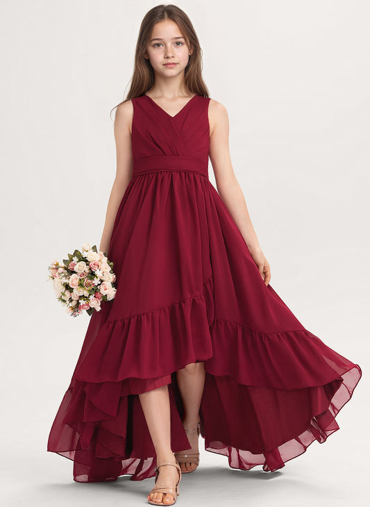 dideyttawl A-Line High Low Flower Girls Dress Long V-Neck Junior Bridesmaid Dresses for Teens Pleated Chiffon 2511