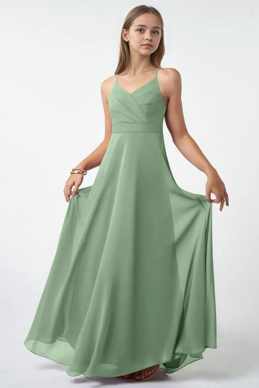dideyttawl V-Neck Junior Bridesmaid Dress Spaghetti Straps Pleated Chiffon A-Line Flower Girl Dress 2510