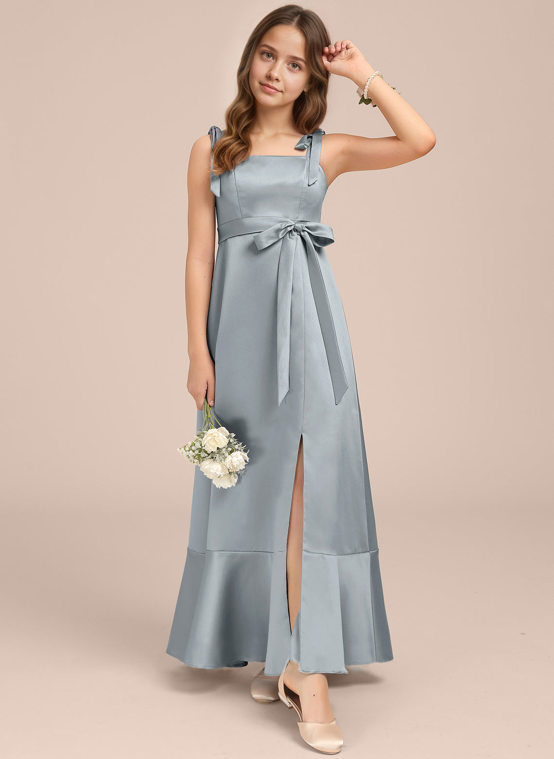 dideyttawl Junior Bridesmaid Dresses for Teens Silk Satin Adjustable Straps Flower Girl Dress with Slit 2529