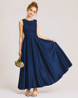 Navy Blue Satin A-line Junior Bridesmaid Dress Front View