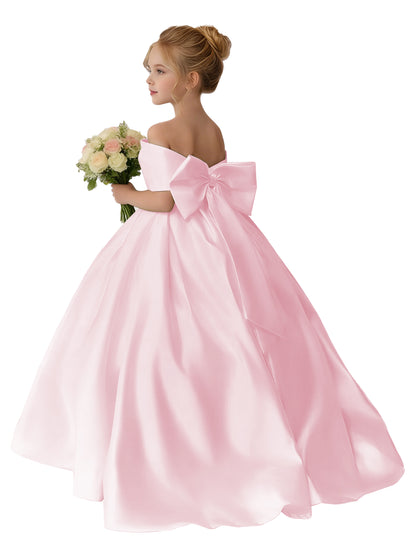 Dideyttawl Satin Flower Girl Dress A Line Off Shoulder Formal Ball Gown Bow Back