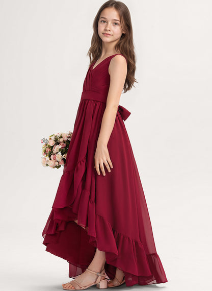 dideyttawl A-Line High Low Flower Girls Dress Long V-Neck Junior Bridesmaid Dresses for Teens Pleated Chiffon 2511