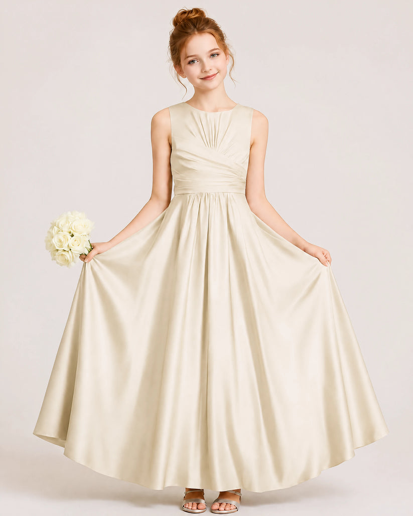 Champagne Satin A-line Junior Bridesmaid Dress Front View
