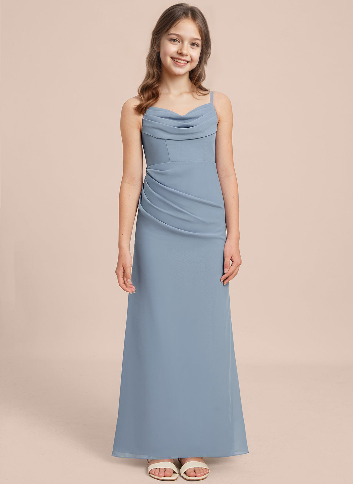 dideyttawl Long Sheathe Junior Bridesmaid Dresses for Girls Chiffon A-Line Ruched Cowl Neck Wedding Flower Girls Dress 2512