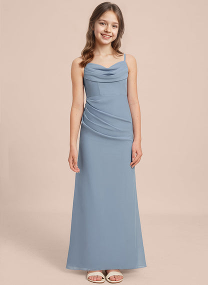 dideyttawl Long Sheathe Junior Bridesmaid Dresses for Girls Chiffon A-Line Ruched Cowl Neck Wedding Flower Girls Dress 2512