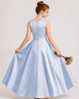 Dusty Blue Satin A-line Junior Bridesmaid Dress Back View