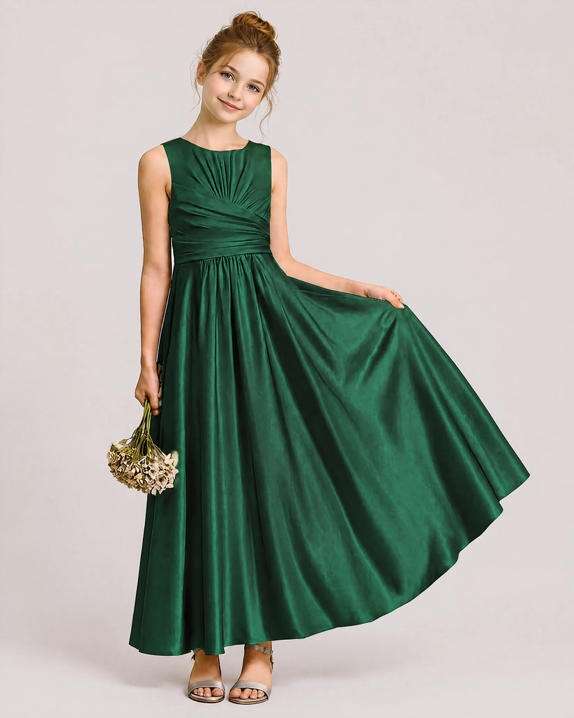Dark Green Satin A-line Junior Bridesmaid Dress Front View
