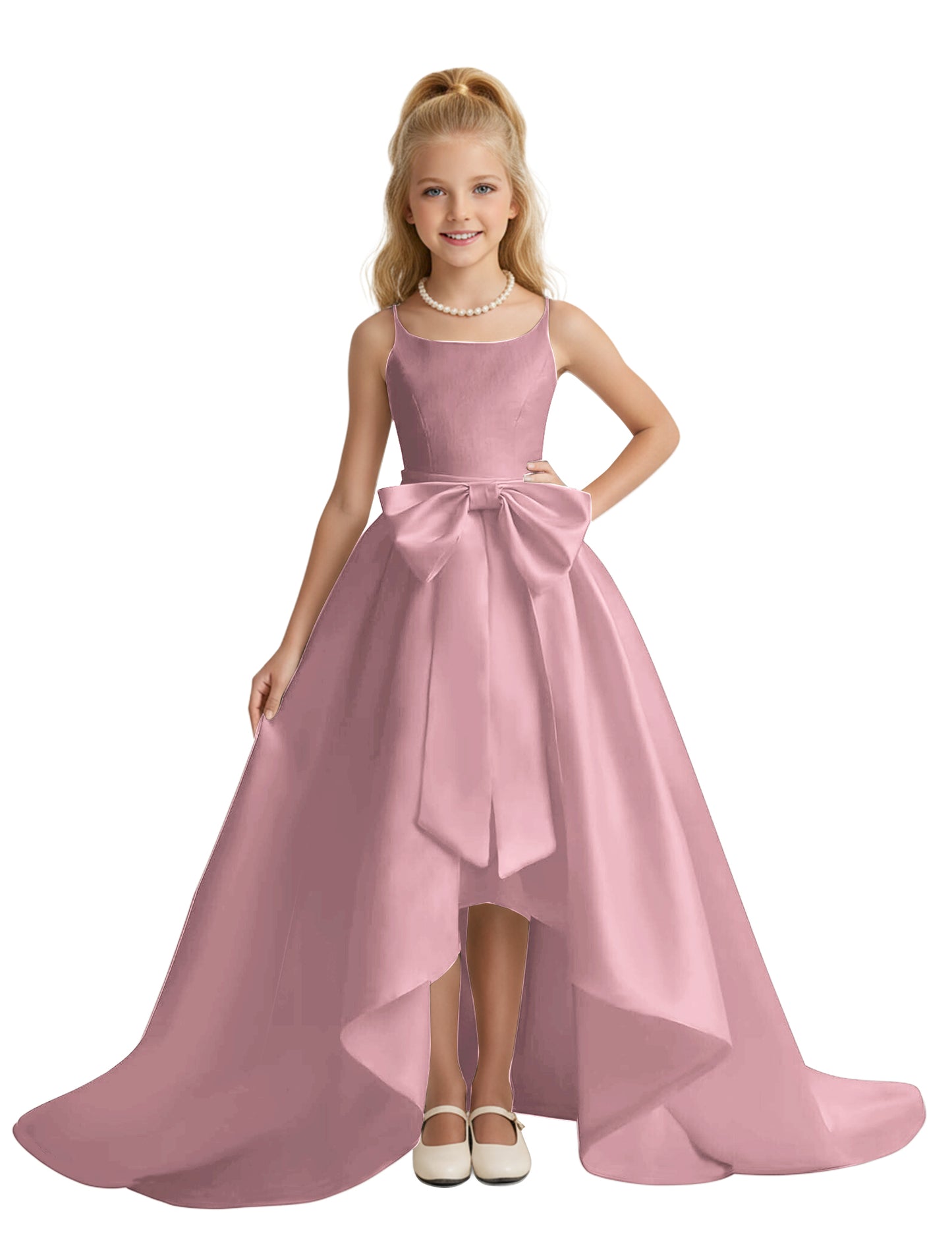 dideyttawl High-Low Big Bow Junior Bridesmaid Dresses for Girls 4-16 Satin A-Line Pageant Formal Party Dress 2535