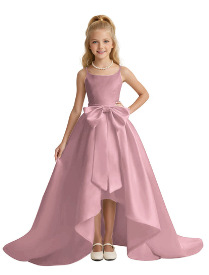 dideyttawl High-Low Big Bow Junior Bridesmaid Dresses for Girls 4-16 Satin A-Line Pageant Formal Party Dress 2535