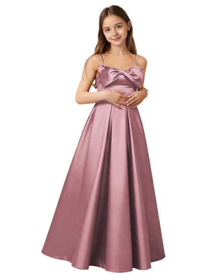 dideyttawl 2026 Girls Satin Prom Ball Gown with Big Bow Maxi Spaghetti Straps Junior Bridesmaid Flower Girl Dress 2548