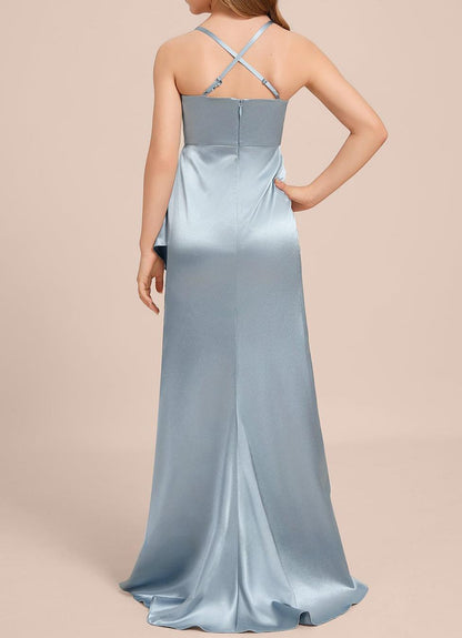 dideyttawl Sheath Junior Bridesmaid Dress with Slit Square Neck Ruffles Stretch Satin Flower Girl Dress Sleeveless Formal Special Occasion Dress for Wedding 2521