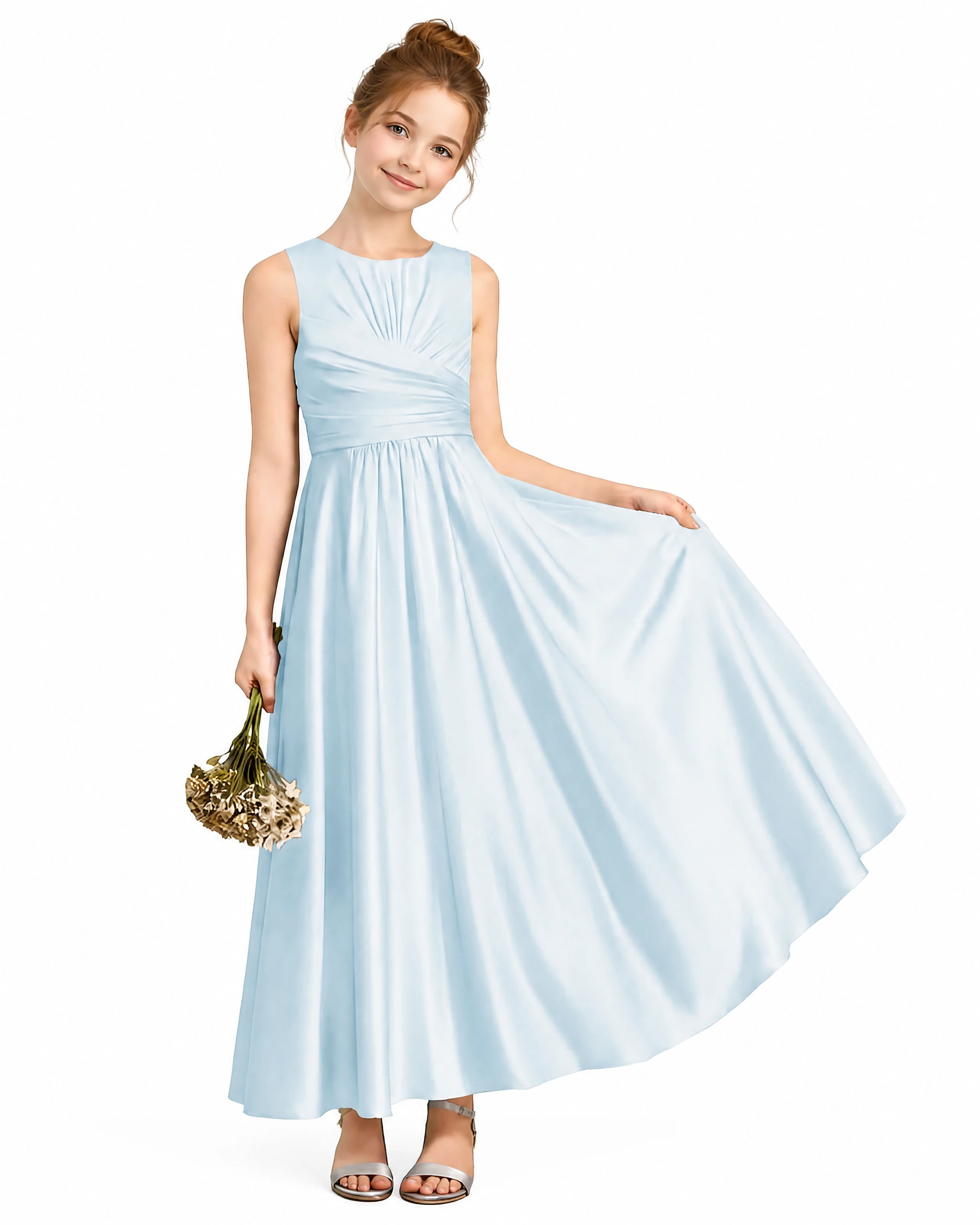Dideyttawl Junior Bridesmaid Dress with Ruched Bodice and Satin Skirt, Baby Blue / 8