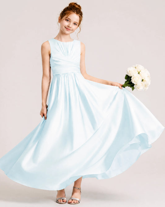 Baby Blue Satin A-line Junior Bridesmaid Dress Front View