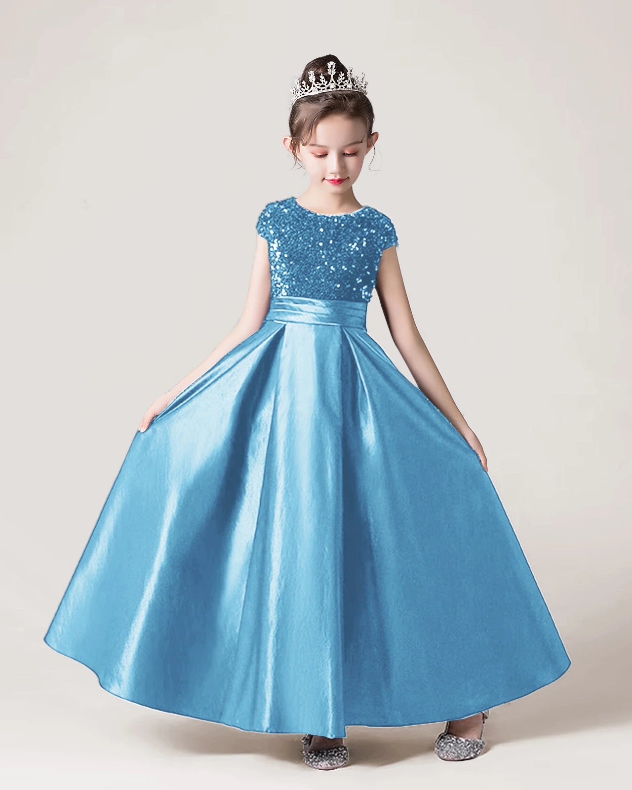 Dideyttawl Sequins Flower Girls Dress Satin Formal Brithday Party Gown